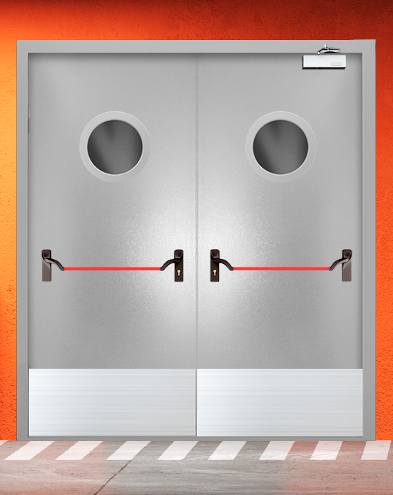 Противопожарная двупольная серая дверь порошковым напылением EIS 30 с ручкой антипаника, круглым окном, широким отбойником