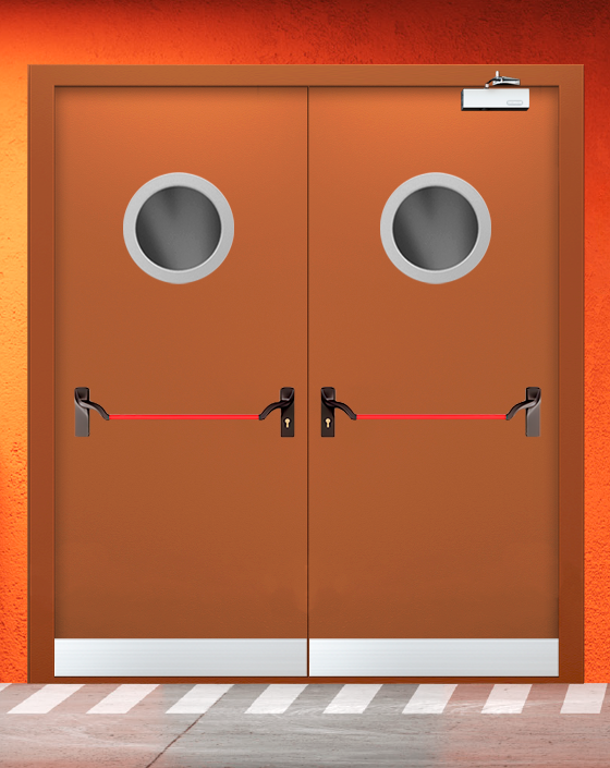 Противопожарная двупольная коричневая дверь EIS 60 с ручкой антипаника, круглым окном, узким отбойником