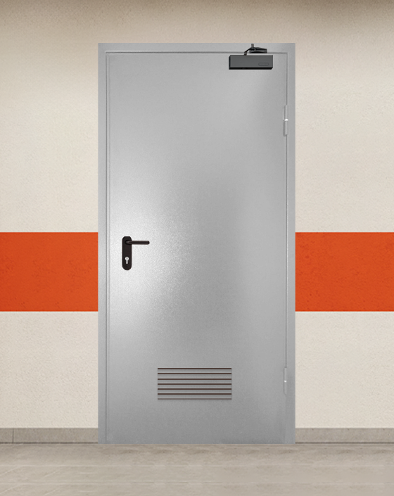 Противопожарная однопольная серая дверь порошковым напылением EI 90 с прямоугольной решеткой