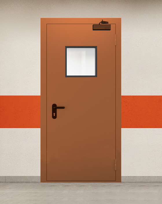 Противопожарная однопольная коричневая дверь EI 45 с квадратным окном