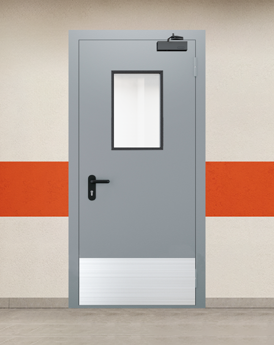 Противопожарная однопольная серая дверь EI 45 с прямоугольным окном, широким отбойником