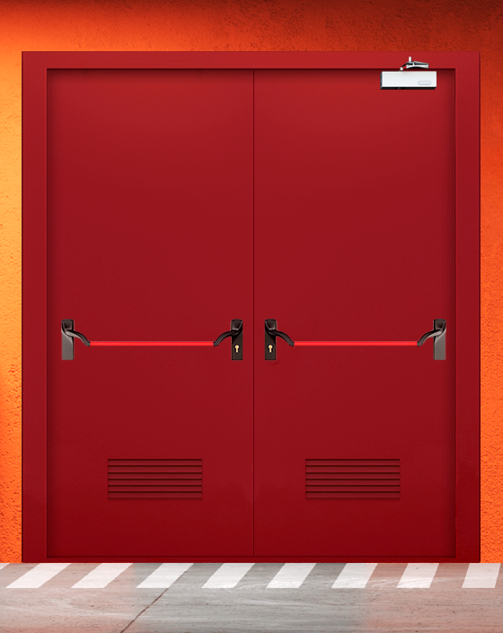 Противопожарная двупольная красная дверь EIW 45 с ручкой антипаника, прямоугольной решеткой