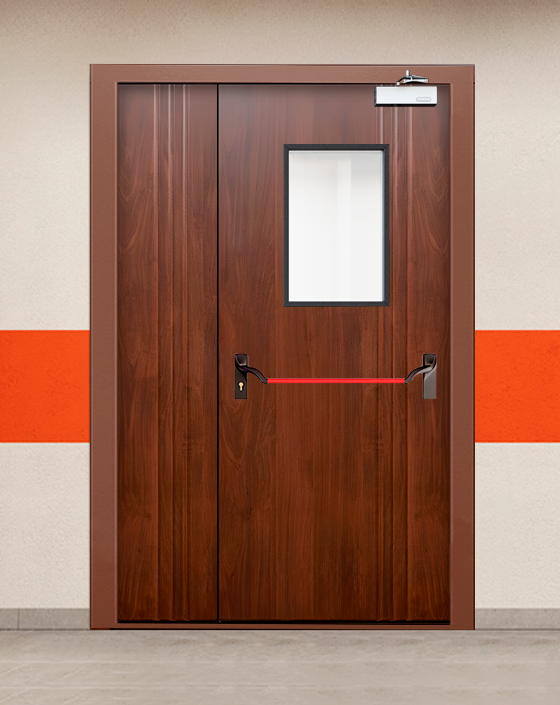 Противопожарная полуторная МДФ бежевая дверь с ручкой антипаника, прямоугольным окном