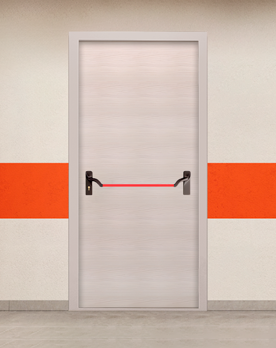 Противопожарная однопольная МДФ бежевая дверь без доводчика с ручкой антипаника