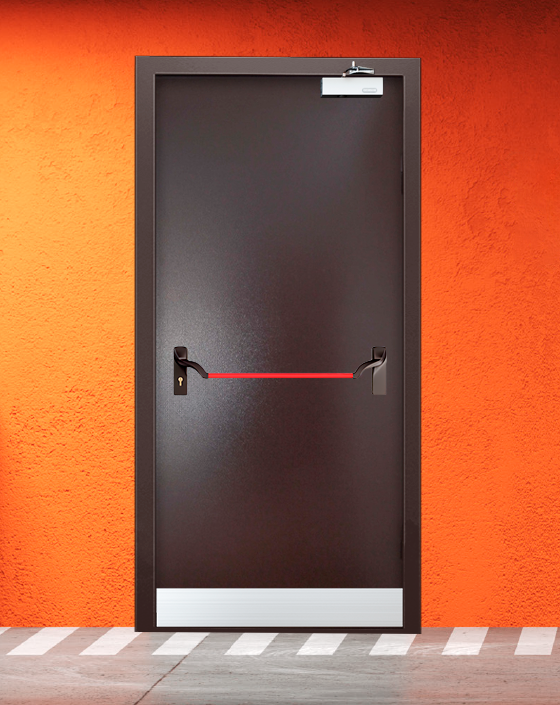 Противопожарная однопольная коричневая дверь порошковым напылением EIWS 45 с ручкой антипаника, узким отбойником