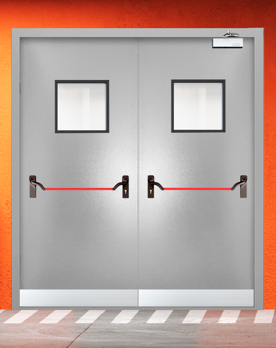 Противопожарная двупольная серая дверь порошковым напылением EIS 30 с ручкой антипаника, квадратным окном, узким отбойником