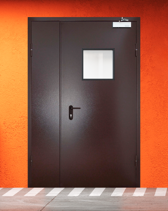 Противопожарная полуторная коричневая дверь порошковым напылением EIS 60 с квадратным окном