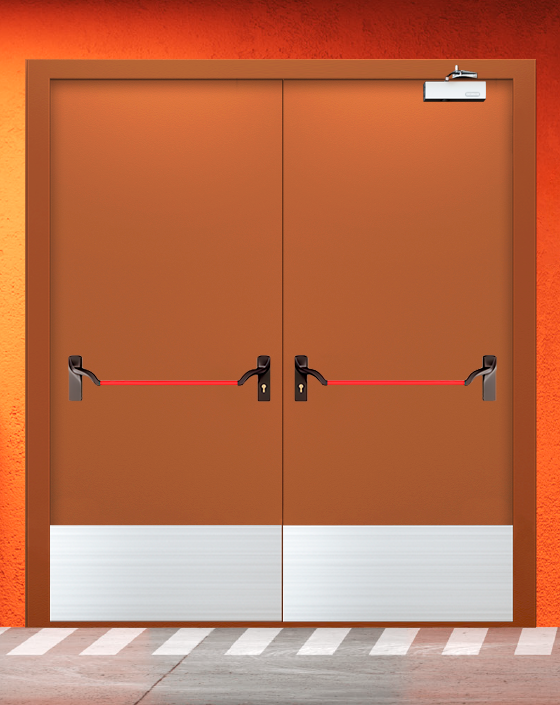 Противопожарная двупольная коричневая дверь EIS 60 с ручкой антипаника, широким отбойником