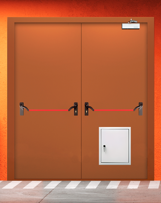 Противопожарная двупольная коричневая дверь EIS 60 с ручкой антипаника, стыковочным узлом