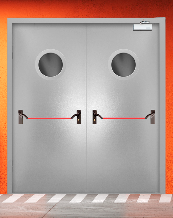 Противопожарная двупольная серая дверь порошковым напылением EIS 30 с ручкой антипаника, круглым окном