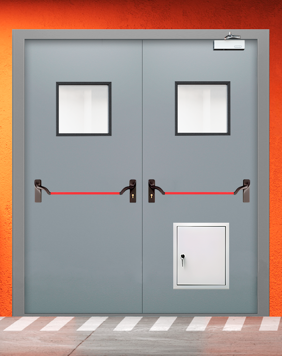 Противопожарная двупольная серая дверь EI 30 (3-го типа) с ручкой антипаника, квадратным окном, стыковочным узлом