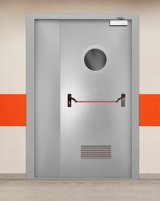 Противопожарная полуторная серая дверь порошковым напылением EI-90 с ручкой антипаника, круглым окном, прямоугольной решеткой