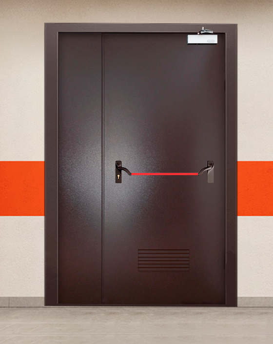 Противопожарная полуторная коричневая дверь порошковым напылением EIS 90 с ручкой антипаника, прямоугольной решеткой