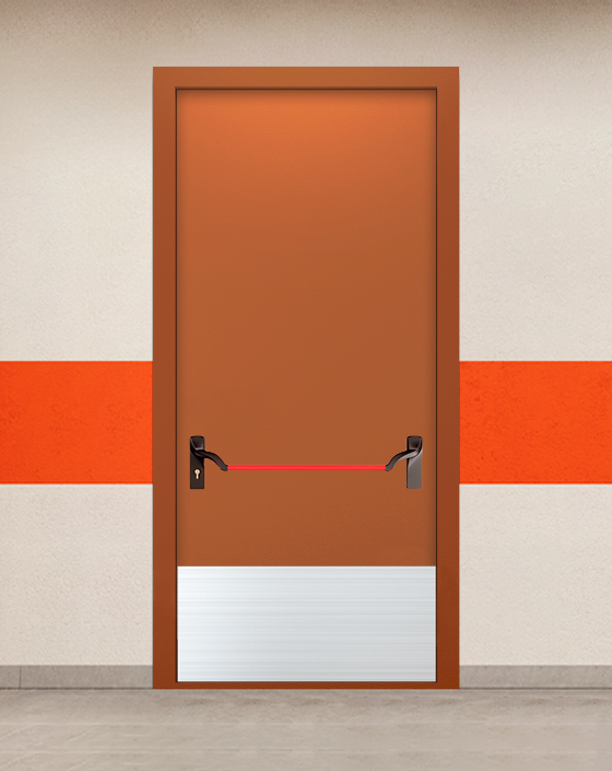 Противопожарная однопольная коричневая дверь EIW 60 без доводчика с ручкой антипаника, широким отбойником