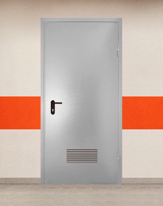 Противопожарная однопольная серая дверь порошковым напылением EI 45 без доводчика с прямоугольной решеткой