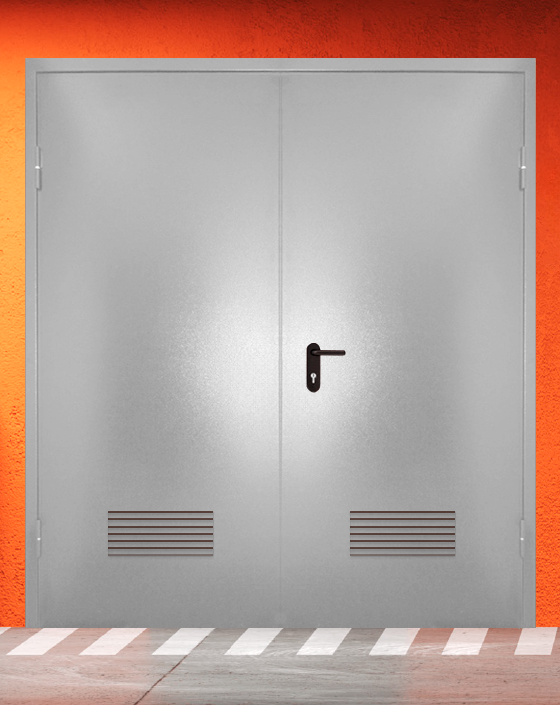 Противопожарная двупольная серая дверь порошковым напылением EIW 30 без доводчика с прямоугольной решеткой
