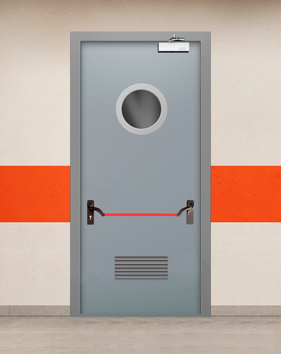 Противопожарная однопольная серая дверь EIS 60 с ручкой антипаника, круглым окном, прямоугольной решеткой