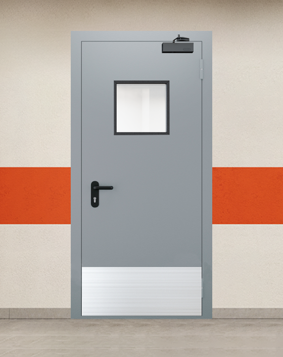 Противопожарная однопольная серая дверь EI 45 с квадратным окном, широким отбойником