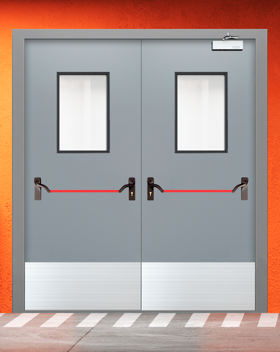 Противопожарная двупольная серая дверь EI 30 (3-го типа) с ручкой антипаника, прямоугольным окном, широким отбойником