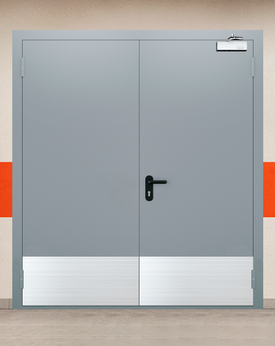 Противопожарная двупольная серая дверь EI-90 с широким отбойником