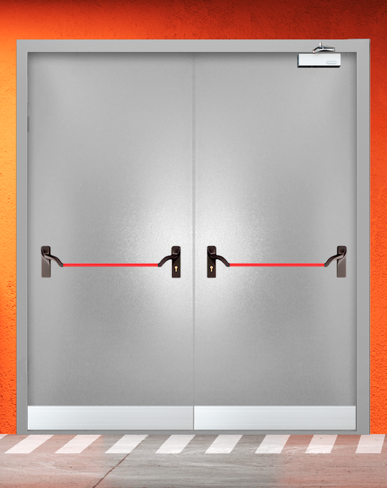 Противопожарная двупольная серая дверь порошковым напылением EIS 30 с ручкой антипаника, узким отбойником