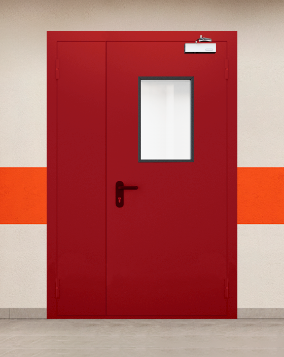 Противопожарная полуторная красная дверь EI 60 (2-го типа) с прямоугольным окном