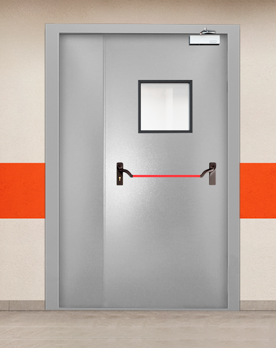Противопожарная полуторная серая дверь порошковым напылением EI-90 с ручкой антипаника, квадратным окном