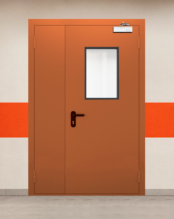 Противопожарная полуторная коричневая дверь EI 45 с прямоугольным окном