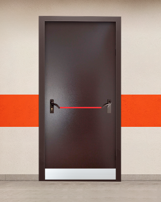 Противопожарная однопольная коричневая дверь порошковым напылением EIWS 45 без доводчика с ручкой антипаника, узким отбойником