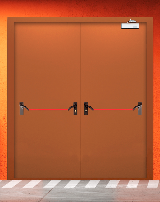 Противопожарная двупольная коричневая дверь EIS 60 с ручкой антипаника