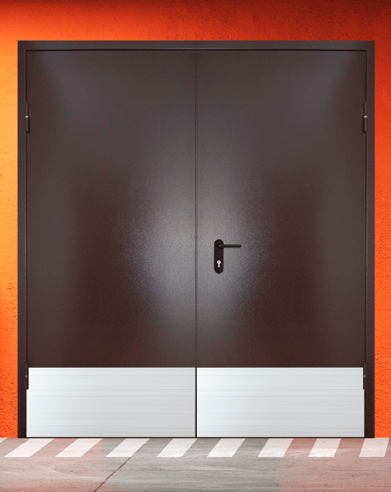 Противопожарная двупольная коричневая дверь порошковым напылением EIWS 30 без доводчика с широким отбойником