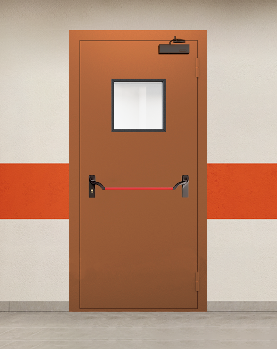 Противопожарная однопольная коричневая дверь EI 90 с ручкой антипаника, квадратным окном