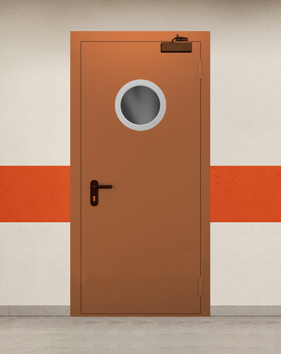 Противопожарная однопольная коричневая дверь EI 45 с круглым окном
