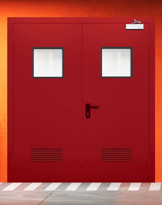 Противопожарная двупольная красная дверь EIWS 90 с квадратным окном, прямоугольной решеткой