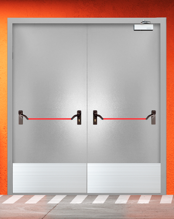 Противопожарная двупольная серая дверь порошковым напылением EIS 30 с ручкой антипаника, широким отбойником