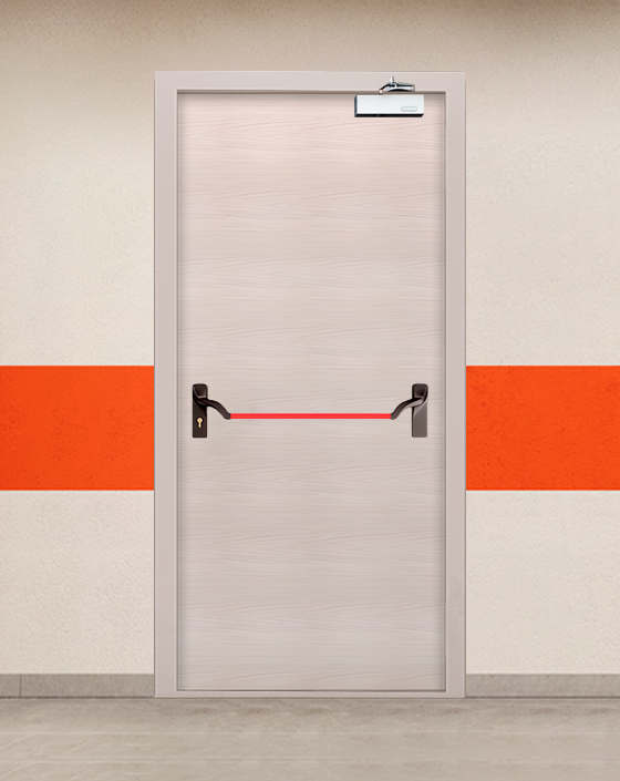 Противопожарная однопольная МДФ бежевая дверь с ручкой антипаника