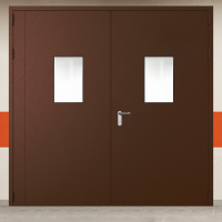 Ворота металлические двустворчатые коричневые с двумя окнами, блестящей ручкой