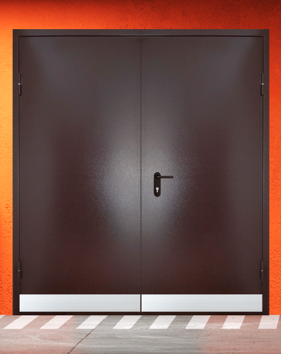 Противопожарная двупольная коричневая дверь порошковым напылением EIWS 30 без доводчика с узким отбойником