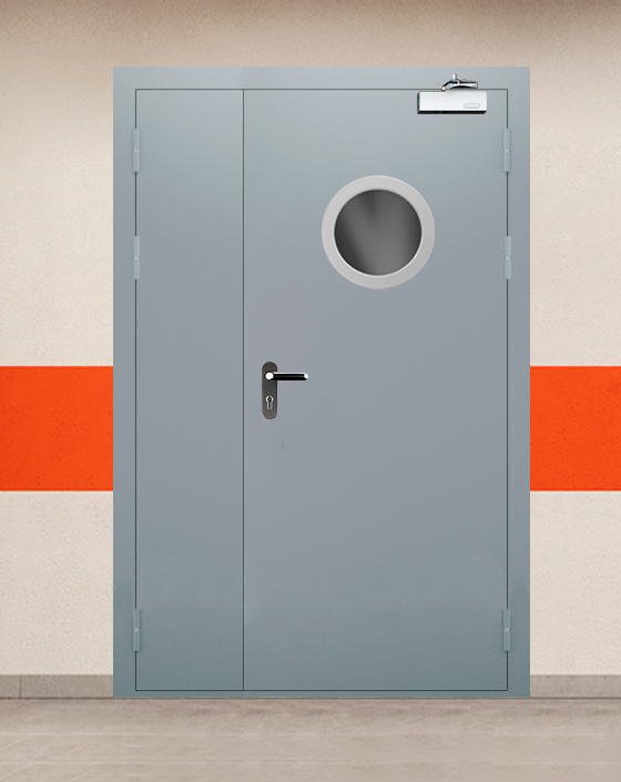 Противопожарная полуторная серая дверь EI 30 (3-го типа) с блестящей ручкой, круглым окном