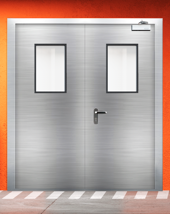 Противопожарная двупольная из нержавеющей стали серая дверь EIS 90 с прямоугольным окном