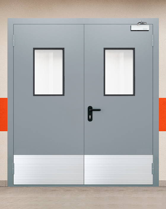 Противопожарная двупольная серая дверь EI-90 с прямоугольным окном, широким отбойником