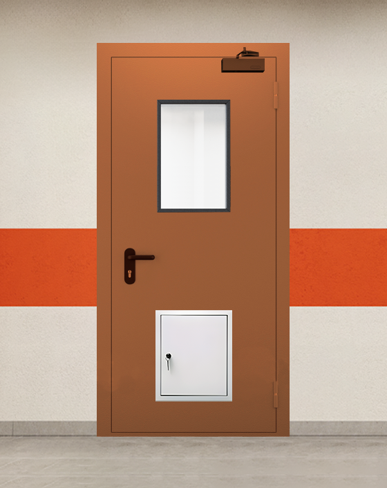 Противопожарная однопольная коричневая дверь EI 45 с прямоугольным окном, стыковочным узлом