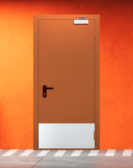 Противопожарная однопольная коричневая дверь EI 60 (2-го типа) с широким отбойником