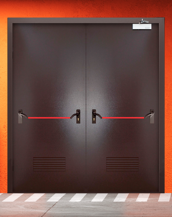 Противопожарная двупольная коричневая дверь порошковым напылением EIWS 60 с ручкой антипаника, прямоугольной решеткой