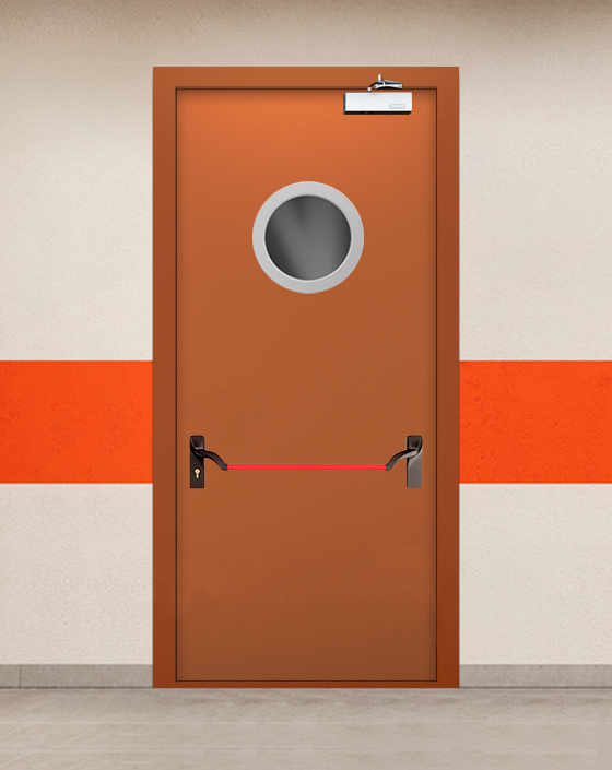 Противопожарная однопольная коричневая дверь EIW 60 с ручкой антипаника, круглым окном