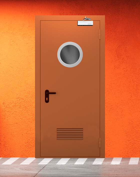 Противопожарная однопольная коричневая дверь EI 60 (2-го типа) с круглым окном, прямоугольной решеткой