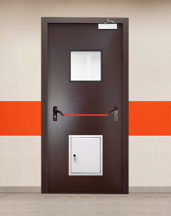 Противопожарная однопольная коричневая дверь порошковым напылением EIWS 45 с ручкой антипаника, квадратным окном, стыковочным узлом