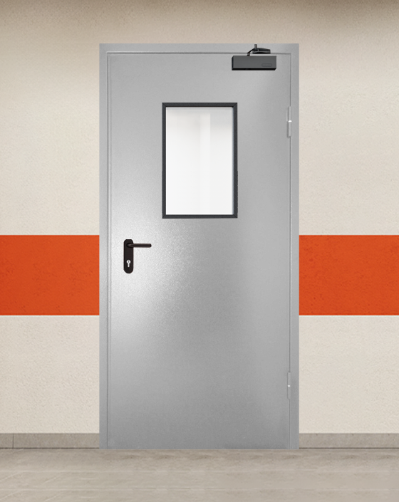 Противопожарная однопольная серая дверь порошковым напылением EI 90 с прямоугольным окном