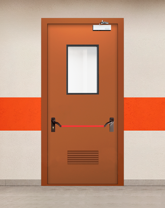 Противопожарная однопольная коричневая дверь EIW 60 с ручкой антипаника, прямоугольным окном, прямоугольной решеткой