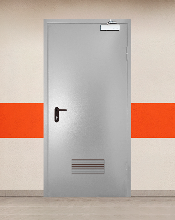 Противопожарная однопольная серая дверь порошковым напылением EI 45 с прямоугольной решеткой